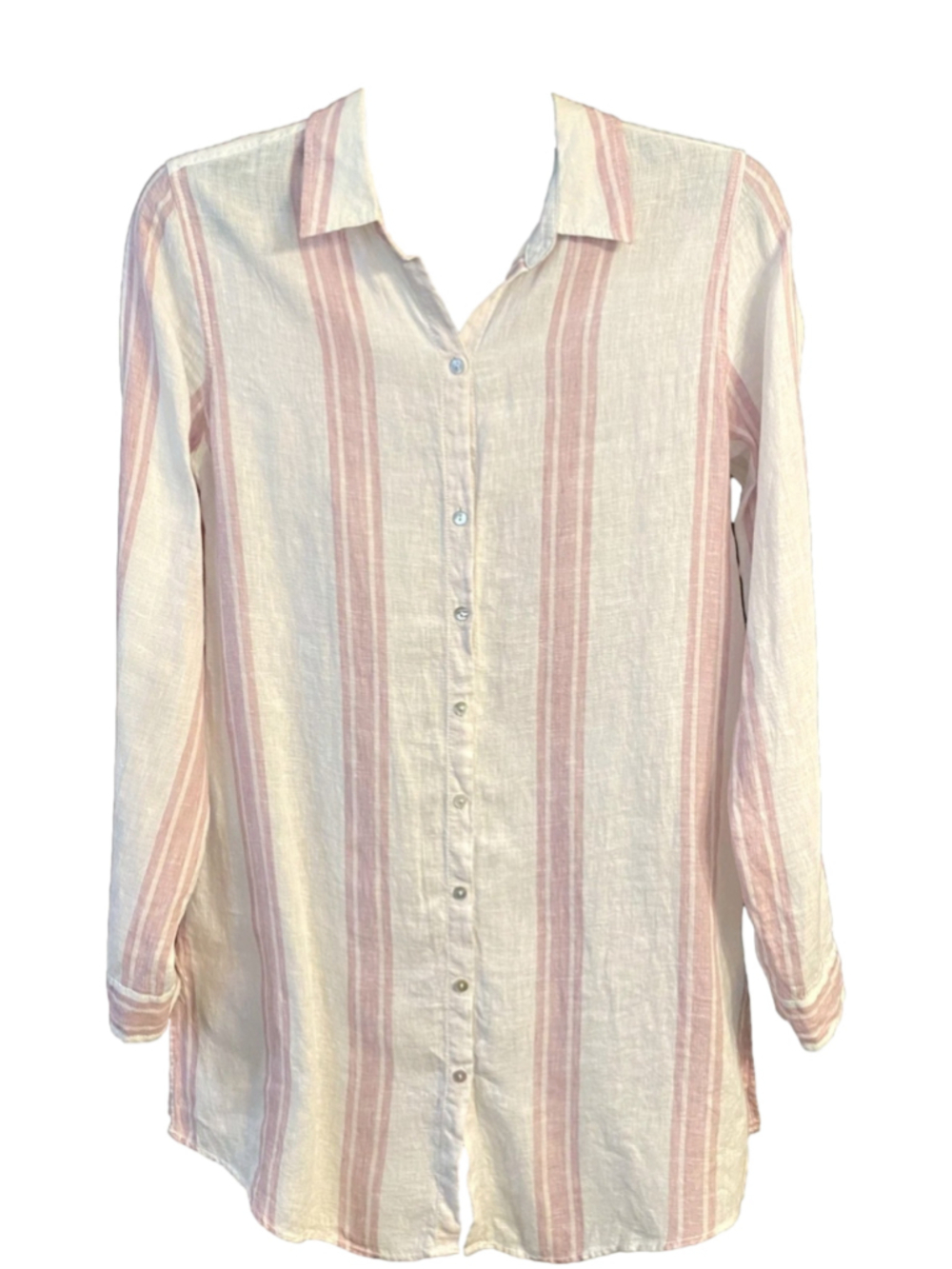 JNY Jones New York 100% Linen Pink White Striped Button Front Tunic Top M